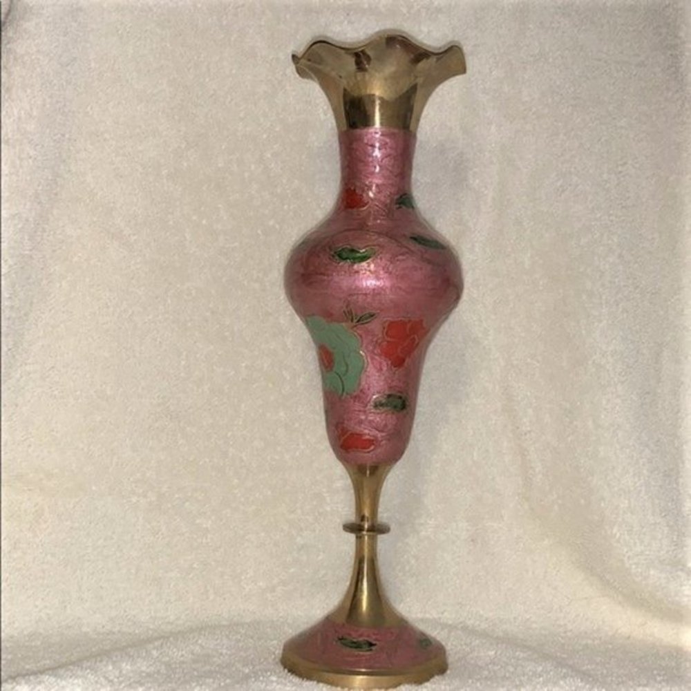 Bronze Pink Green Red Painted Flower Design Vase 11.50’ High
